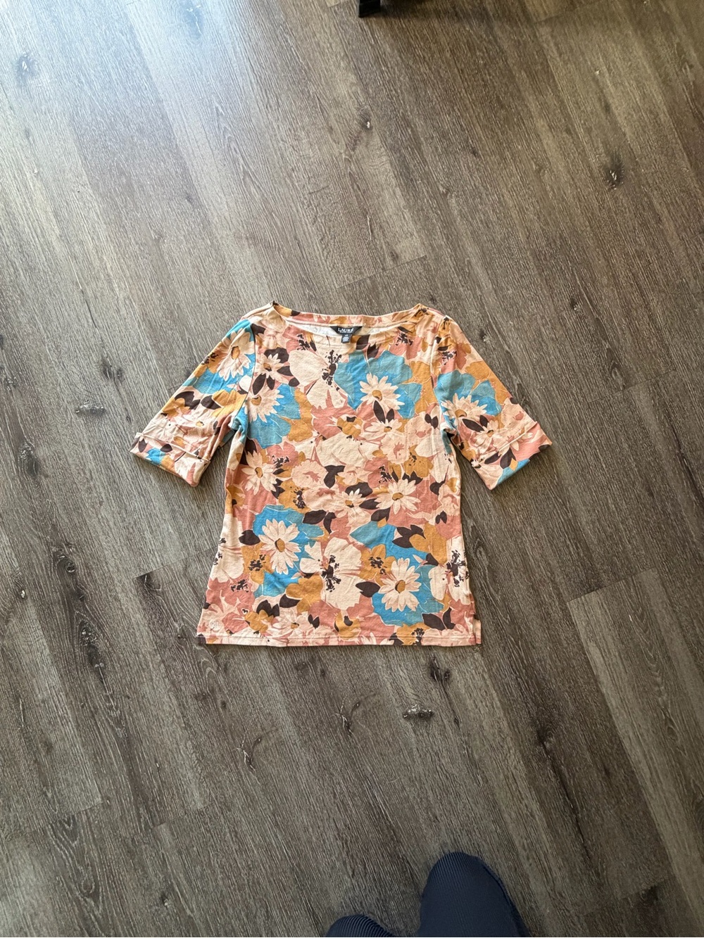 Ralph Lauren Peach Floral Short Sleeve Tee with Blue Accents